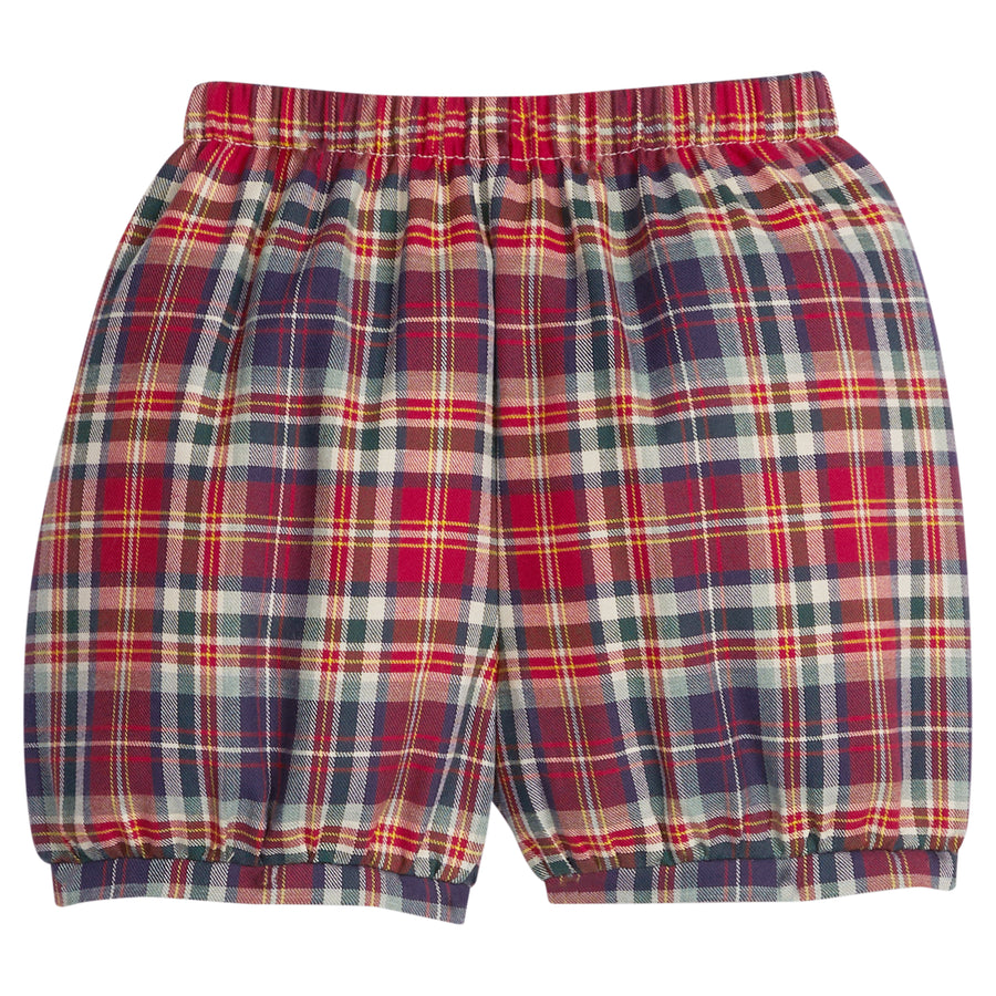 Little English classic children's clothing. Elastic waist banded plaid shorts for little boys. Deep red, navy, and hunter green plaid shorts for the holiday