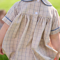 Little English classic children's clothing.  Smocked peter pan bubble in tan and blue Durham windowpane with blue piping for baby boys