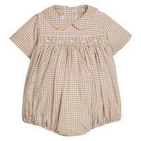 Little English classic children's clothing.  Smocked peter pan bubble in tan and white Khaki Gingham with tonal piping for baby boys