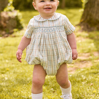 little english classic children's clothing cream, brown, and light blue plaid for boys for fall 