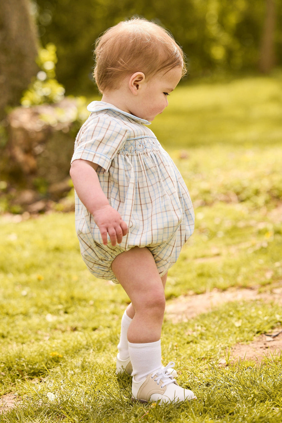 little english classic children's clothing cream, brown, and light blue plaid for boys for fall 