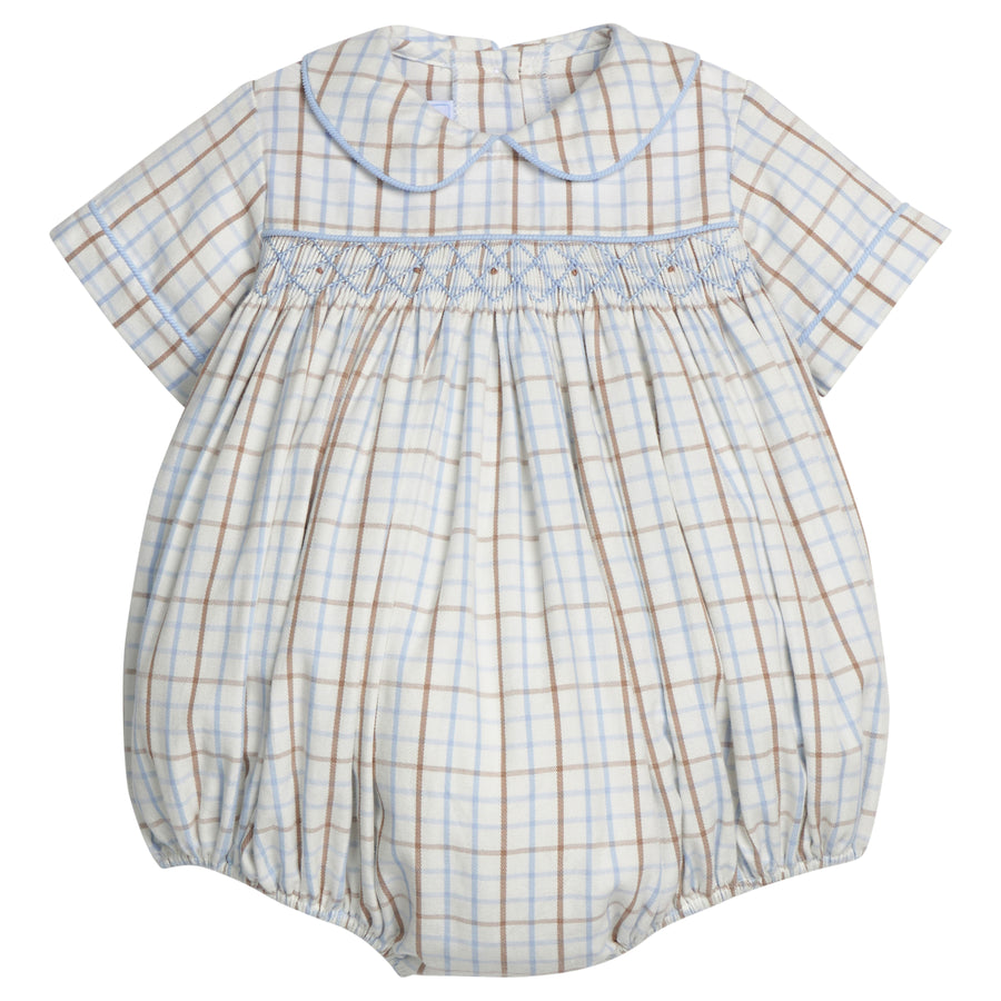 Little English traditional children's clothing.  Baby boy's blue and tan plaid smocked peter pan bubble for Fall