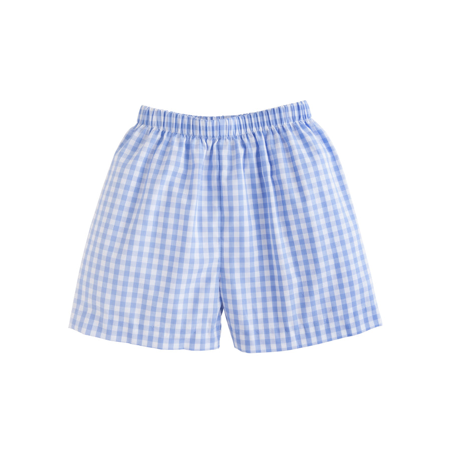 Little English traditional children's clothing. Classic blue and white gingham check shorts for little boys.  Casual banded short for Spring.