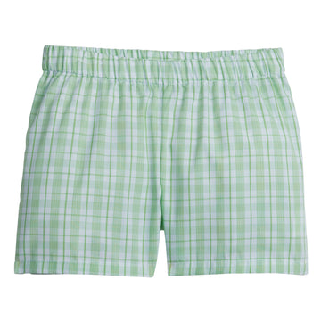 Little English traditional boy's elastic waist short, green plaid pull on short for spring