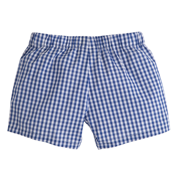 Little English classic plaid boy's shorts, elastic waist above the knee shorts in blue gingham 