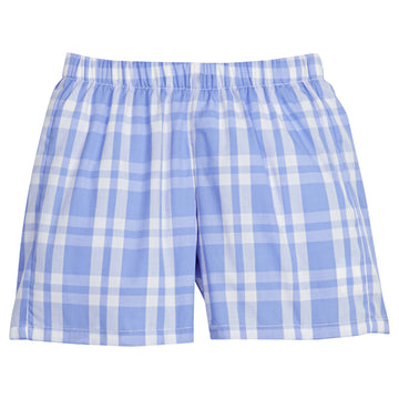 Little English classic boy's elastic waist shorts for spring, blue and white plaid shorts for toddler boys