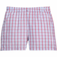 Little English traditional children's clothing.  Classic boys red and blue Patriotic Plaid shorts for 4th of July
