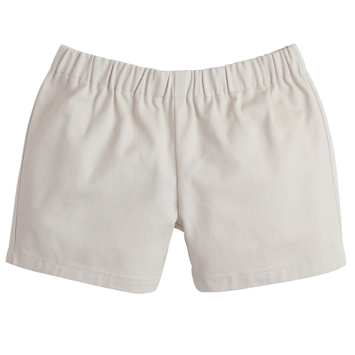 Little English traditional children's clothing, toddler boys elastic waist pull on khaki shorts, above the knee cut
