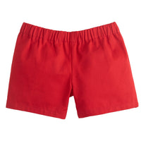 Little English traditional children's clothing, toddler boys elastic waist pull on red twill shorts, above the knee cut