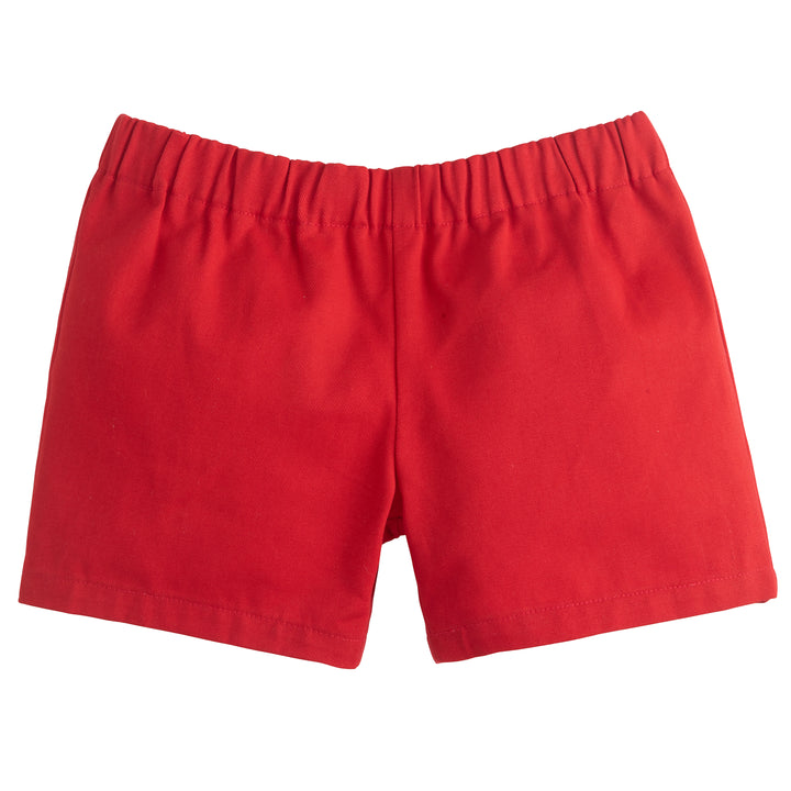Little English traditional children's clothing, toddler boys elastic waist pull on red twill shorts, above the knee cut