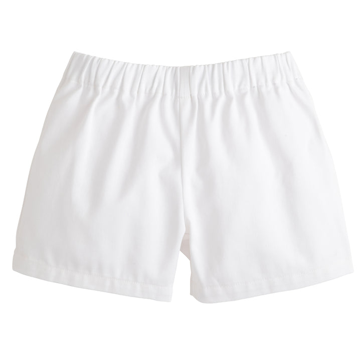 Little English traditional children's clothing, toddler boys elastic waist pull on white shorts, above the knee cut
