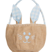 Little English traditional children's clothing. Light blue and white gingham lined woven easter basket. Bunny basket for easter for little boys