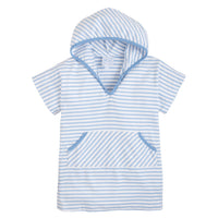 Little English boy's light blue striped swim coverup, boy's knit pullover with kangaroo pocket