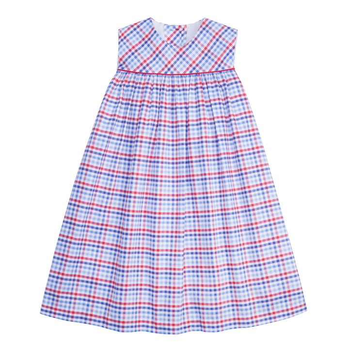 classic childrens clothing girls red white and blue plaid sleeveless dress with red piping