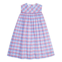 classic childrens clothing girls red white and blue plaid sleeveless dress with red piping