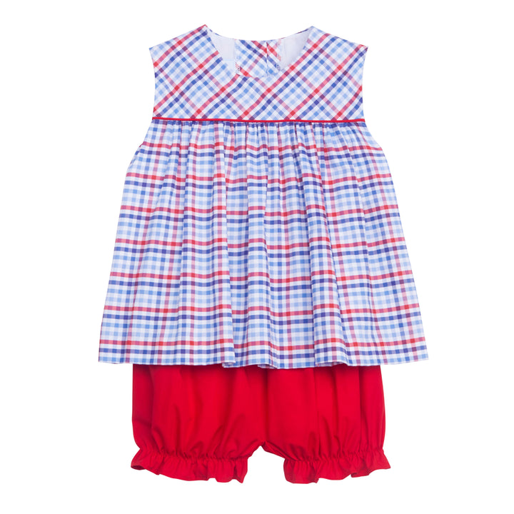 classic childrens clothing girls bloomer set with red white and bloom gingham top and red bloomers