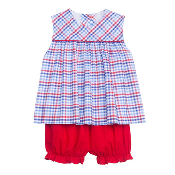 classic childrens clothing girls bloomer set with red white and bloom gingham top and red bloomers