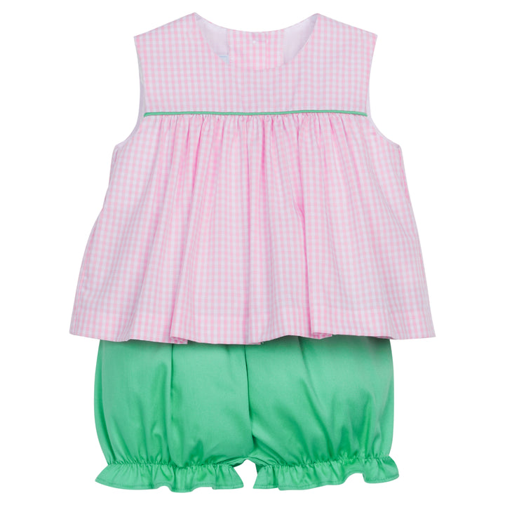 Little English classic children's clothing, light pink gingham and green bloomer set for girls for spring
