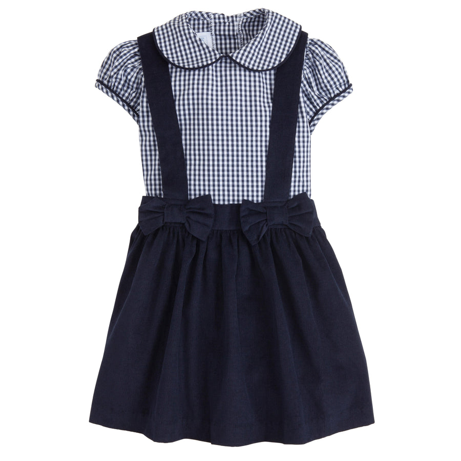 Little English classic kids clothing, girl's jumper set, navy gingham peter pan short sleeve top with navy corduroy jumper with fixed bows for girl