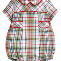 Little English traditional children's clothing.  Classic peter pan bubble in red, blue, green, yellow, and white Douglas Plaid with red piping for baby boys for Christmas