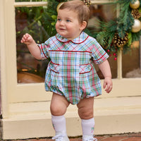 Little English traditional children's clothing.  Classic peter pan bubble in red, blue, green, yellow, and white Douglas Plaid with red piping for baby boys for Christmas