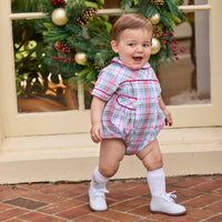 Little English traditional children's clothing.  Classic peter pan bubble in red, blue, green, yellow, and white Douglas Plaid with red piping for baby boys for Christmas
