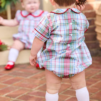 Little English traditional children's clothing.  Classic peter pan bubble in red, blue, green, yellow, and white Douglas Plaid with red piping for baby boys for Christmas