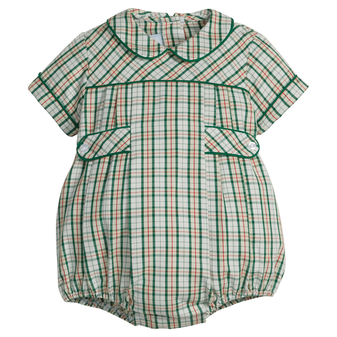 Little English classic bubble for baby boys. Deep green and cream plaid with hints of red bubble with peter pan collar and button tabs at sides