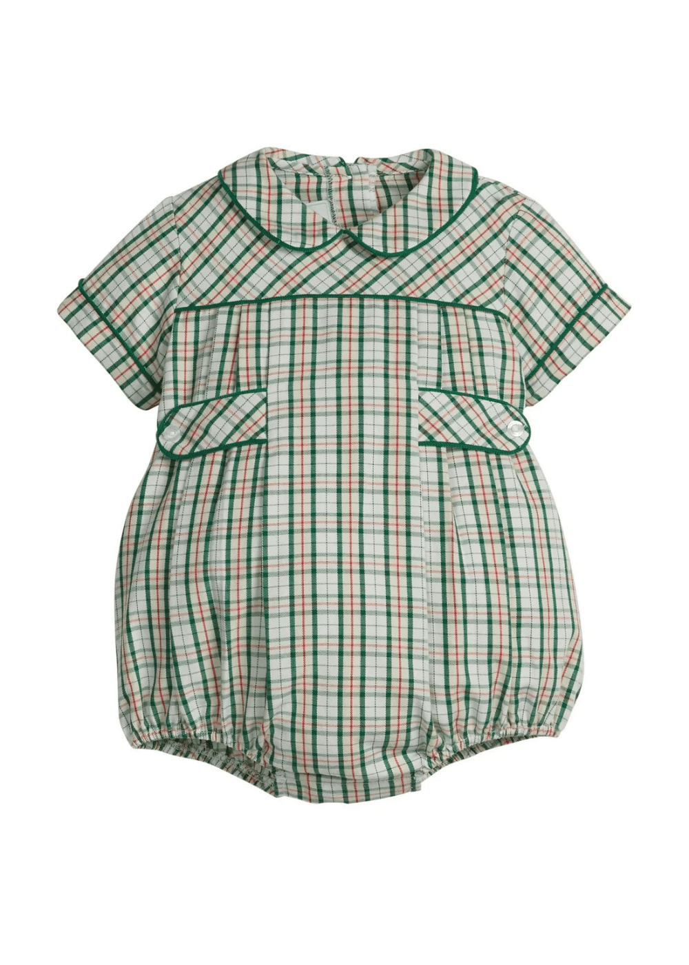 Little English classic bubble for baby boys. Deep green and cream plaid with hints of red bubble with peter pan collar and button tabs at sides