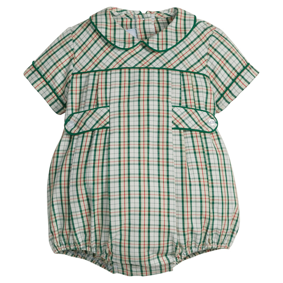 Little English classic bubble for baby boys. Deep green and cream plaid with hints of red bubble with peter pan collar and button tabs at sides
