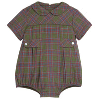 Little English traditional children's clothing.  Classic peter pan bubble in olive, maroon, and blue Thornhill Plaid with tonal piping for baby boys for Christmas