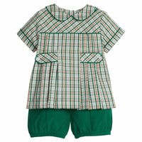 little english classic children's clothing, deep green and cream plaid with hints of red peter pan top with Christmas green corduroy banded shorts for boys 