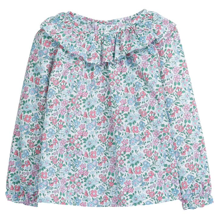 little english classic childrens clothing girls pink and blue long sleeve floral blouse with ruffled collar