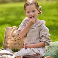 Little English traditional children's clothing.  Long sleeve blouse in tan and blue Durham Windowpane with a ruffled collar paired with matching skirt with blue smocked waistband for girls