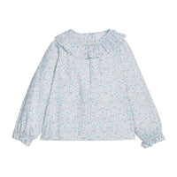 Little English traditional children's clothing.  Long sleeve blouse in aqua Waterbury Floral with a ruffled collar and ruffled elastic sleeves for girls.