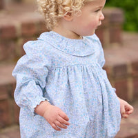 Little English traditional children's clothing.  Long sleeve bubble in aqua, blue, and green Waterbury Floral with ruffled collar for baby girls