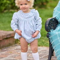 Little English traditional children's clothing.  Long sleeve bubble in aqua, blue, and green Waterbury Floral with ruffled collar for baby girls