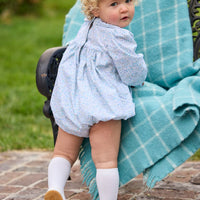 Little English traditional children's clothing.  Long sleeve bubble in aqua, blue, and green Waterbury Floral with ruffled collar for baby girls
