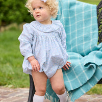 Little English traditional children's clothing.  Long sleeve bubble in aqua, blue, and green Waterbury Floral with ruffled collar for baby girls