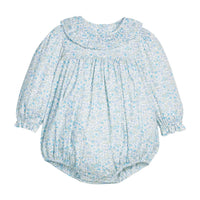 Little English traditional children's clothing.  Long sleeve bubble in aqua, blue, and green Waterbury Floral with ruffled collar for baby girls