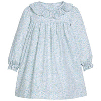 Little English traditional children's clothing.  Long sleeve dress in aqua, blue, and green Waterbury Floral with ruffled collar for little girls