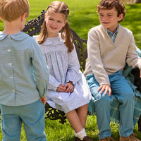 Little English traditional children's clothing.  Long sleeve dress in aqua, blue, and green Waterbury Floral with ruffled collar for little girls