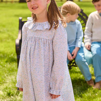 Little English traditional children's clothing.  Long sleeve dress in aqua, blue, and green Waterbury Floral with ruffled collar for little girls