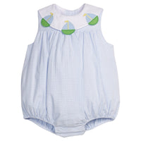 Little English traditional children's clothing.  Light blue seersucker gingham bubble with white bib collar and applique sailboats for baby girls.