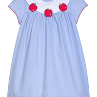 Little English traditional children's clothing.  Short sleeve royal blue gingham dress with white bib collar with applique apples for little girls