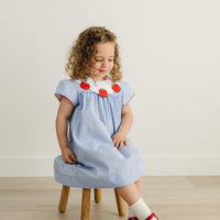 Little English traditional children's clothing.  Short sleeve royal blue gingham dress with white bib collar with applique apples for little girls