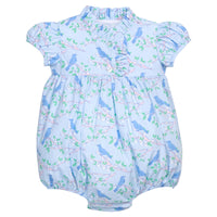 Little English traditional children's clothing. Light blue bubble with blue bird and cherry blossom print for baby girls