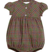 Little English traditional children's clothing.  Short sleeve olive and maroon Thornhill Plaid bubble with ruffled collar and placket for baby girls
