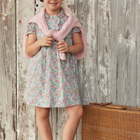 Little English toddler girl classic blue red and pink floral knee high length dress with ruffled collar 