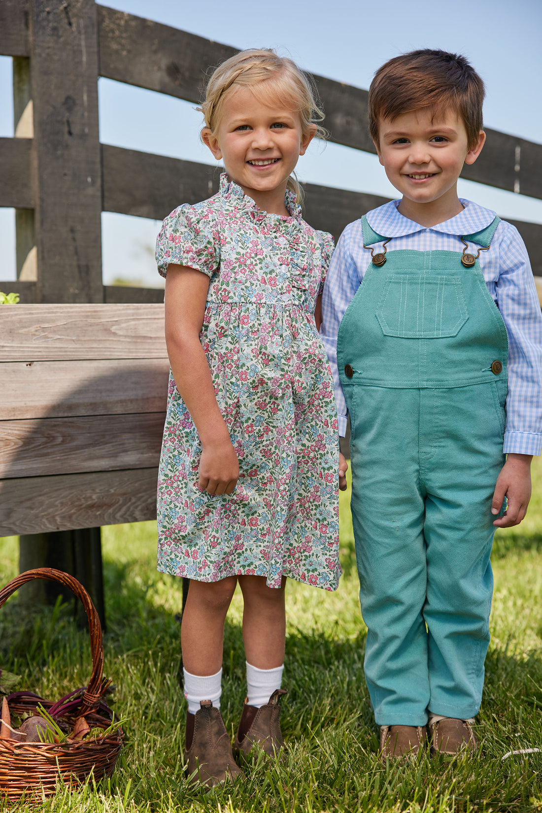 Little English toddler boy classic canton overall with brass buttons 